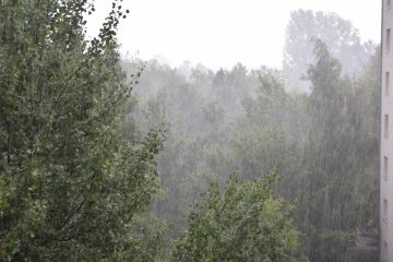 Blick aus dem Fenster bei Starkregen.